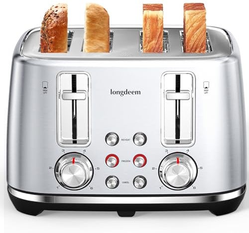 Toaster 4 Slice, Extra Wide Slots Stainless Steel with High Lift Lever, Dual Independent Controls, Removable Crumb Tray, Easy to Clean, 6 Shade Settings, Reheat & Frozen, Silver