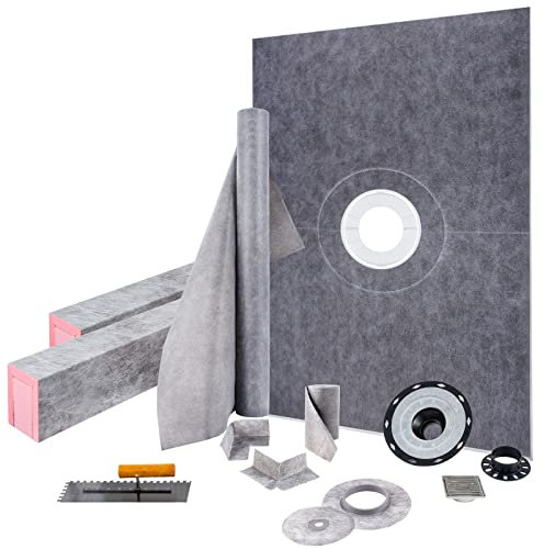 VEVOR Juego Plato de Ducha Umbral de Ducha Estanco 965,2 x 1524 mm con Desagüe Central de PVC Rejilla de Acero Inoxidable de 10 cm 2 Bordes de Ducha Cortables y Llana Plato de Ducha para Baño