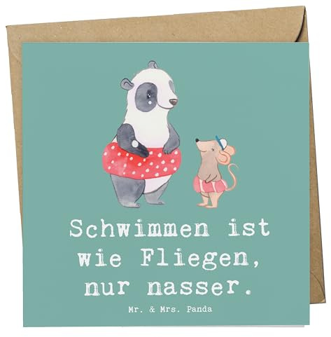 Mr. & Mrs. Panda Glückwunschkarte Schwimmen wie Fliegen - Geschenk, Wassersport, doppelkarte, Sportart, faltkarte, Sport, anlasskarte, Schwimmtraining, Klappkarte, Teamsport, Grußkarte, Sportler