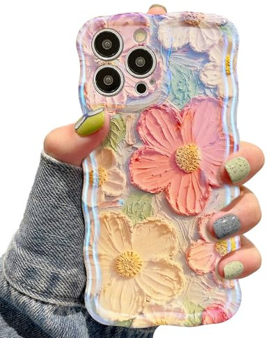 UEEBAI Case for iPhone 16 Pro Max - Colorful Retro Oil Painting Flower Case, Pretty Glossy Pattern Wave, Cute Sparkly Floral Curly Cover - Orange Yellow