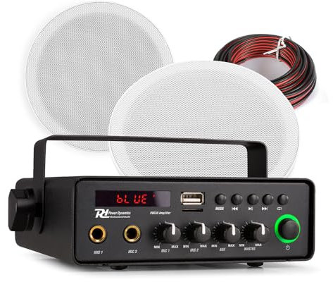 Power Dynamics 2x Marine Ceiling Speakers with 12V Bluetooth Amplifier, Weatherproof Outdoor 6-Inch Speaker Set, IPX5 Protection, USB/SD Inputs, 30W Audio System for Boats and Patios