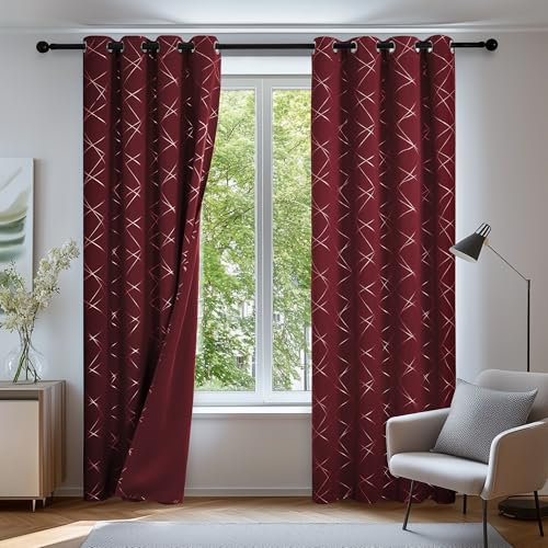 Deconovo Blackout Living Room Curtains Eyelet Silver Geometric Line Soundproof Thermal Curtains 46 x 90 Inch Red 2 Panels