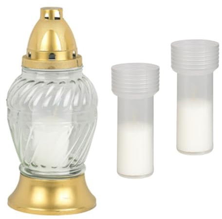 Grablaterne Grabkerze Oellicht Dauerbrenner Trauerlicht Glas Kunststoff 21,5 cm hoch (weiß + 2 Kerzen)