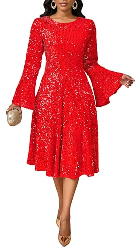 BINXIAD Damen Rundhals Pailletten Kleid Glitzer A Linie Kleid Sparkly Langarm Hohe Taille Midi Kleider