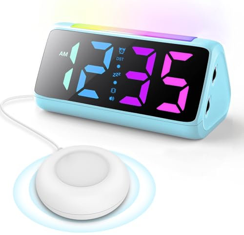 Netzu Wecker Digital für Tiefschläfer, Lauter Wecker mit Vibration, Nachtlicht, Bunte Anzeige, DST, USB-Ladeanschluss, Batterie-Backup, Vibrationswecker für Gehörlose Schlafzimmer Nachttisch (Blau)