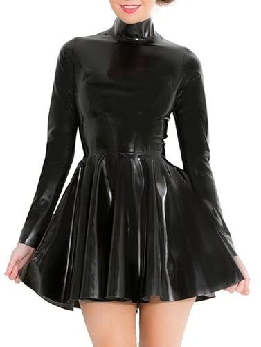 Kangxinsheng Schwarz Hoher Kragen Latex Kleider,Mode Damen Latex Rock | Natürlicher Gummi Kleid mit Reißverschluss Hinten,Handgefertigte Latex Rock,für Gummi-Coplay-Club-Kleidung