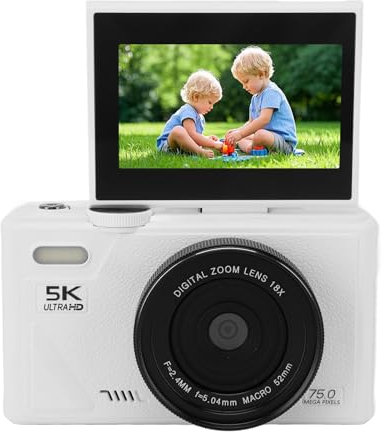 5K Digital Camera, 75MP Vlogging Camera, with 18X Zoom, 3 Inch Flip Screen, HD Compact Camera, for Travel Photography (White)
