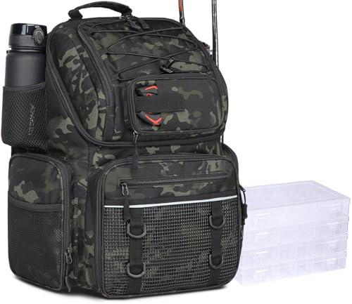 Angelrucksack mit Boxen(inkl), 50L Angelkoffer mit Kühlfach Fishing Tackle Box Wasserdichter– Großes Angel Tasche Verstellbare Trennwände, Rutentaschen für Angeln, Camping & Outdoor-Abenteuer (Camo)