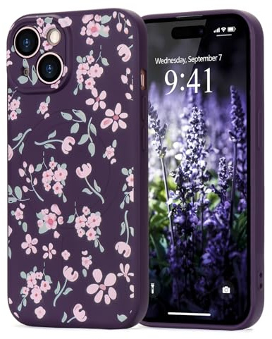 Wirvyuer Magnetisch für iPhone 14 Hülle Rosa Blumenmuster,Dunkellila | Kompatibel mit MagSafe, Handyhülle mit rosa Blumenmuster, Silikon Schutzhülle für Frauen Mädchen, Cute Flower Case
