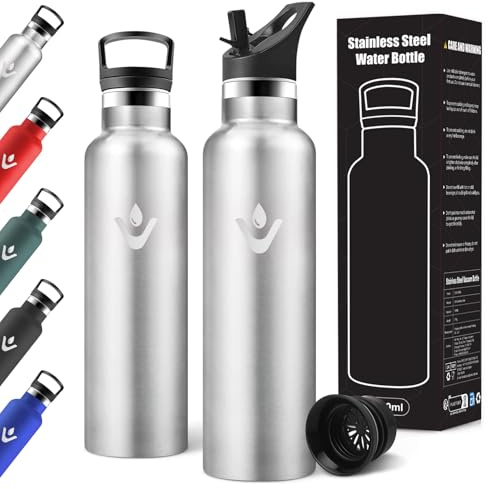 Motswedi Borraccia Termica, 750ml Con 2 Tappi, Borraccia con Cannuccia, Doppia Parete, Bottiglia Termica, A Prova di Perdite, Bottiglia acqua Per Campeggio, Palestra, Sport, Acciaio Inossidabile