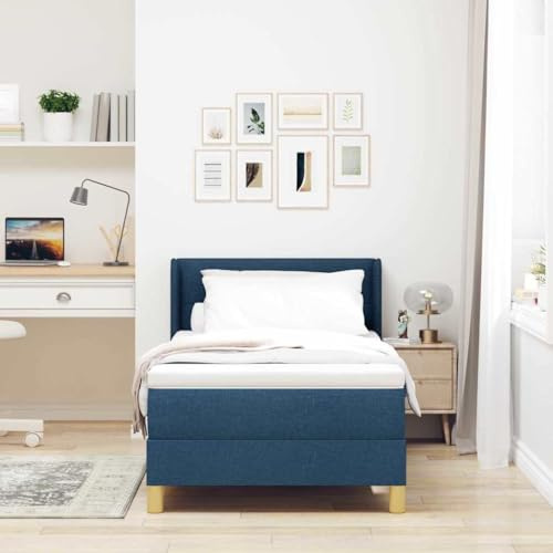 vidaXL Boxspringbett mit Matratze in Blau, 90 x 200 cm, aus Stoff. Verstellbares Kopfteil, Abnehmbarer Bezug. Modernes Design und hochdichte Schaumstoffrahmen für einen erholsamen Schlaf.