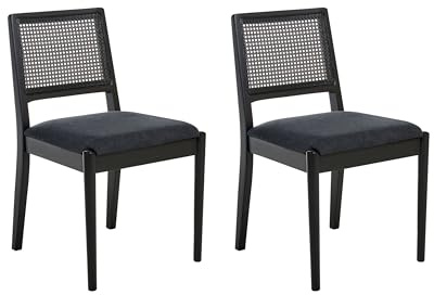 Beliani Set of 2 Dining Chairs Polyester Upholstered Seat Rubber Wood Frames Retro PE Rattan Backrest Style Dining Room Black Tamarac