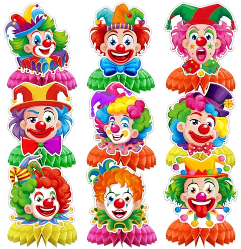 Qpout 9 Stück Clown Tischdeko Karneval Party Bienenwaben Tischdekorationen Zircus Clown Fasching Deko Fasching Bienenwabe Mittelstück Tischaufsätze Wiederverwendbar