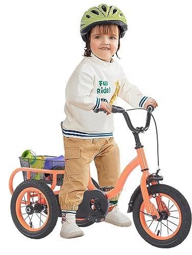 12 Zoll Kinder Dreirad ab 2–5 Jahren, Verstellbarer Sitz und Lenker, Vorderbremse und Kettenschutz, großer Aufbewahrungskorb, rutschfeste Pedale, für Jungen und Mädchen, bis 25kg belastbar(Orange)