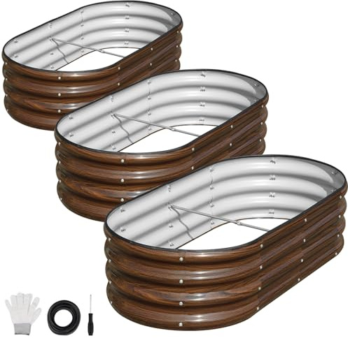 SnugNiture Raised Garden Bed,3Pcs 120×60×30cm, Brown | Large Oval,Metal Planter,Outdoor for Growing Vegetables, Flowers and Herbs