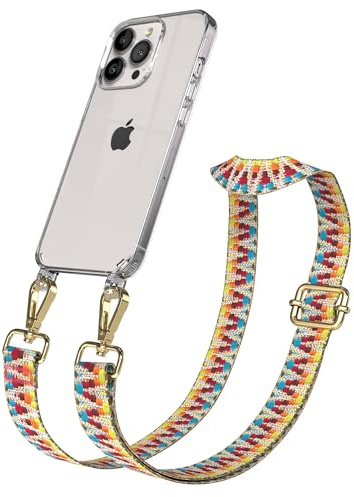 EAZY CASE Handykette - Verstellbares Taschenband kompatibel mit iPhone 13 Pro, Schulterriemen, Handykordel mit Silikon Hülle, Umhängetasche, Regenbogen Gold