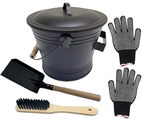 Metall Ascheeimer mit Deckel, Holzkohle und Feuerstelle, Reinigungsbehälter, inklusive Schaufelbürstenhandschuhe, Mehrzweck-Aschebehälter für, Grill, Garten, Hinterhof, Bauernhaus für Innen