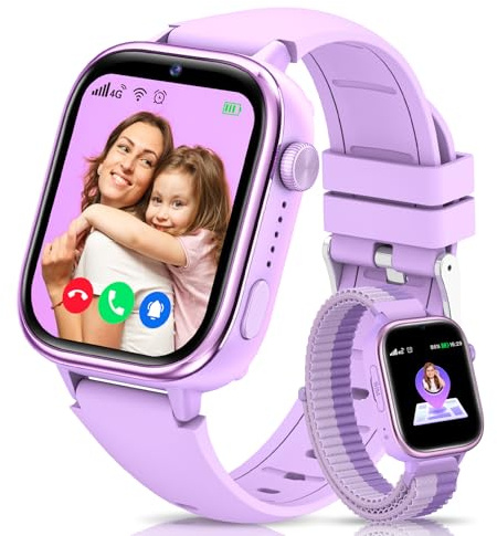 4G Reloj Inteligente Niños con GPS y Videollamada, Smartwatch Niños con Llamadas, Chat de Voz, SOS, Modo Escuela, IP68 Impermeable, Podómetro, Despertador, Cámara, Regalo Niñas y Niños de 4-15 Púrpura