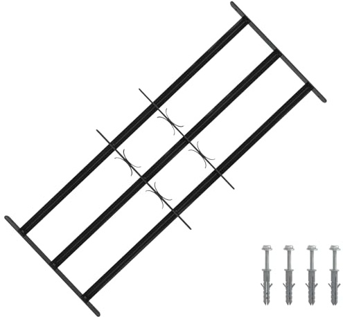 Rejilla para ventana de acero con recubrimiento en polvo, 116 x 45 cm, color negro, ancho ajustable para marcos de ventanas de madera, plástico y aluminio, con 3 barras transversales