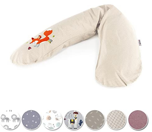 Theraline Das Original Schwangerschafts- & Stillkissen | gefüllt mit sandfeinen Original Perlen | inkl. Außenbezug „Punkte beige m. Applikation Knisterfuchs“ | 190 cm