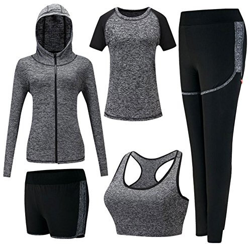 ZETIY Damen Traingsanzug Yoga Kleidung Anzug 5er-Set Sportanzüge Jogginganzug Gym Fitness Kleidung Laufbekleidung Sportswear Sport Yoga Outfit Damen BH Leggings Set - Grau - M