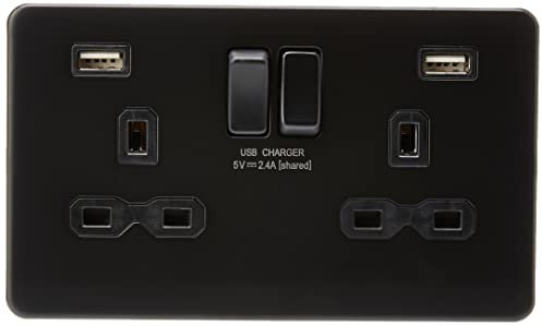 Knightsbridge SFR9224MBB Screwless 13A 2G Switched Charger (2.4A), 13 W, 5 V, Black/Black, Socket-Double + Dual USB