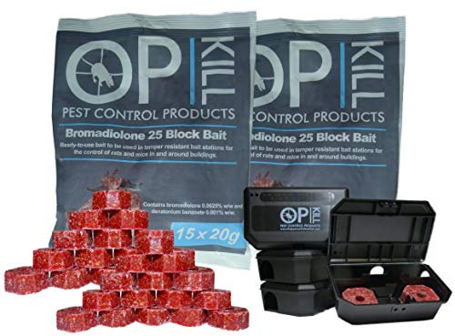 Opkill Rat Poison & Mouse killer Kit - 600g Strongest Bait Available Weatherproof Fast Acting and Safe for Professional and Domestic use (Professional Choice Blocks 30 x 20g) & 4x MOUSE Bait Box's