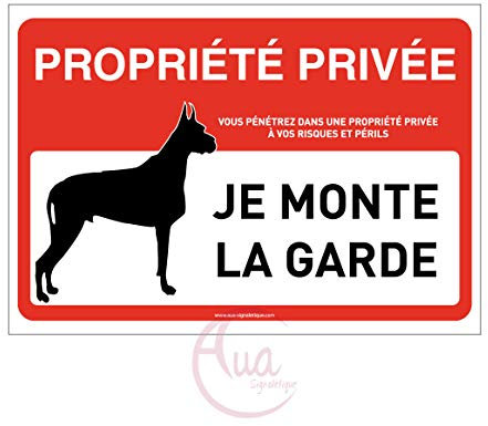 AUA SIGNALETIQUE - Panneau signalisation propriété privée attention chien : je monte la garde - 150x105 mm, Vinyl adhésif