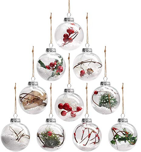 Palla di Natale (Set di 10) - Palla di albero di Natale rotonda trasparente pre-filata in plastica, decorazione di Natale, per decorazione di abete, matrimoni, feste con spago di iuta