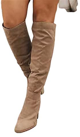 Syfinee Botas largas de gamuza para mujer, botas largas de invierno de moda sobre la rodilla, con tacón de bloque, ajuste elástico, botas altas para mujeres y niñas de invierno, fáciles de poner