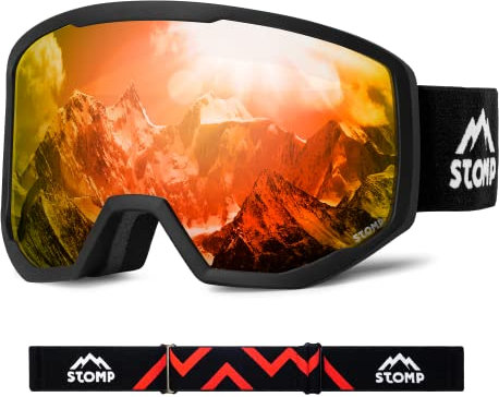 STOMP Ski/Snowboarding Goggles 100% UV400 Protection Replaceable Lens/Straps Goggle for Men, Women & Youth (Matte Blk Frame/Red Lens VLT 13%)