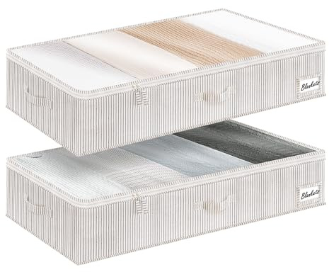 StorageWorks Under Bed Storage Boxes with Lids, Large Underbed Storage Box Containers for Bedroom Organising Blankets Bedding, Rigid Under Bed Clothes Organisers, Grey and White Stripes, 2-Pack