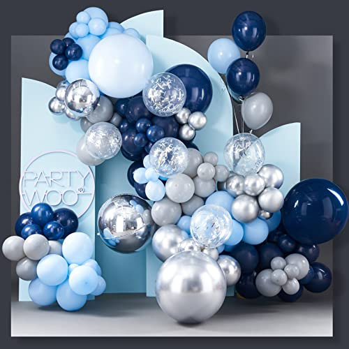 PartyWoo 140pc Blue & Silver Balloon Arch Kit - Blue & Silver Balloons, Glitter Balloons for Birthday, Baby Shower, Wedding