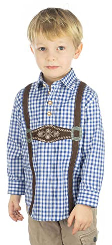 OS Trachten Kinder Hemd Jungen Langarm Trachtenhemd mit Liegekragen Velmowo, Größe:122/128, Farbe:Mittelblau