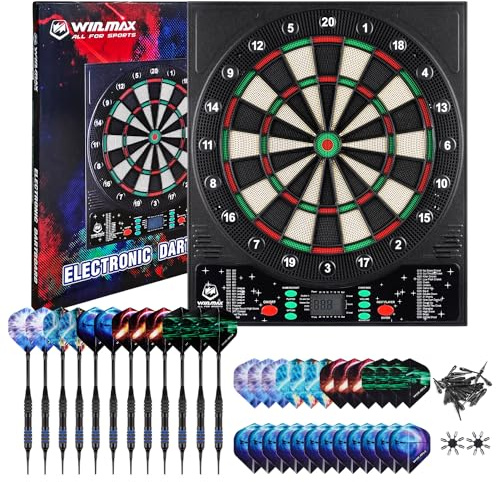 WIN.MAX Electronic Dart Board, LED Display Automatic Scoring Dartboard Sets for Adults with 12 Darts 100 Soft Tips, Dart Board Electronic Scoreboard, Power Adapter, Outdoor