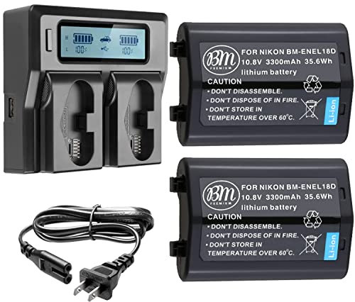 BM Premium 2 Pack of EN-EL18D Batteries and Battery Charger for Nikon Z9, D4, D4S, D5, D6 Digital SLR Cameras and Compatible with Nikon MB-D12, MB-D17, MB-D18 Battery Grips