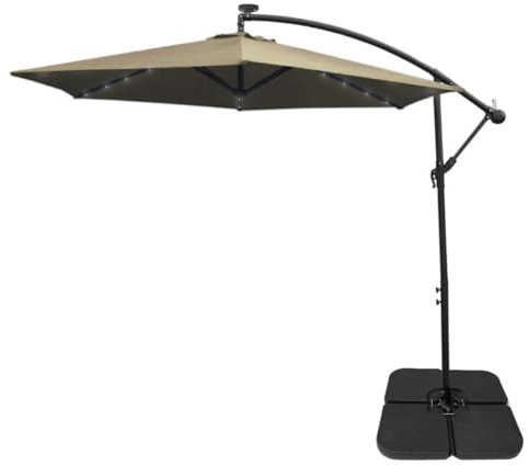 LED Cantilever Parasol 3m Beige Banana Hanging Umbrella Garden Sun Shade Canopy Patio 360 Rotation Tilt UV Protection Winding Crank 24 Solar Powered Cool White Lights FREE Rain Cover & Square Base