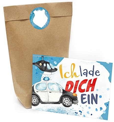 Kindergeburtstag Einladung Set mit je 8 Einladungskarten, Umschlägen, Tüten und Aufkleber - Polizei