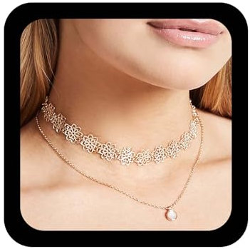 Inilbran Boho Layered Gemstone Choker Necklace Quartz Bezel Necklace Chain Gold Flower Chain Necklace Vintage Cz Crystal Pendant Necklace Jewelry For Women And Girls