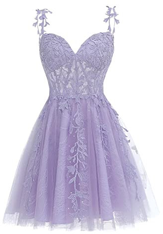 Dessiny Junior's Spaghetti Straps Short Prom Dresses Lace for Teens 2024 Tulle Homecoming Dress Cocktail Gowns DE04, Light Lilac, 10