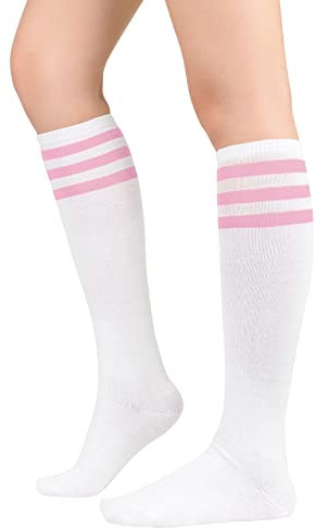 Durio Chaussettes hautes d'hiver pour femme - Chaussettes longues thermiques pour femme - Chaussettes longues chaudes - Rayures bleues blanches - Taille unique, Rayures roses blanches, taille unique