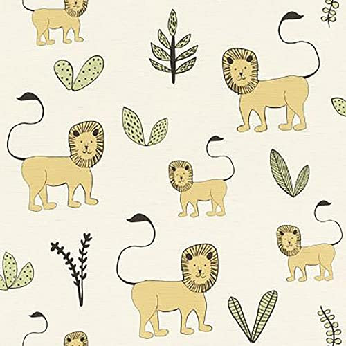 Kids Lion Cream Beige Wallpaper - Shrubbery Animal Print Nursery Paste The Wall Children's Room