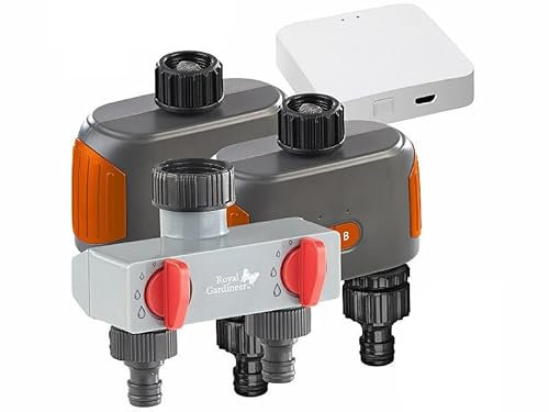 Royal Gardineer Dual Bewässerung: 2er-Set WLAN-Bewässerungscomputer mit Dual-Ventil, 2-Fach-Verteiler (Bewässerungscomputer Doppel-Ventil, Smarte Bewässerung Doppel, Pflanzen Sensor)