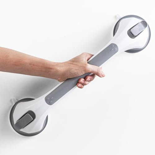 LEVERLOC Agarraderas Baño para Mayores, 43 CM Asidero Ducha de Succión, MAX Hold 110 KG Agarrador Ducha Personas Mayores, Agarre de Seguridad, Barra Baño sin Taladrar y Pasamanos Extraíble, Gris