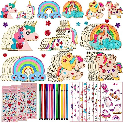 398Pcs Einhorn Holz Bastelset, Kindergeburtstag Basteln, Mit 30 Holz, 354 Strasssteine, 12 Farbstifte, 2 Aufkleber, Basteln Kinder Für Mädchen/Jungen DIY Handwerk B