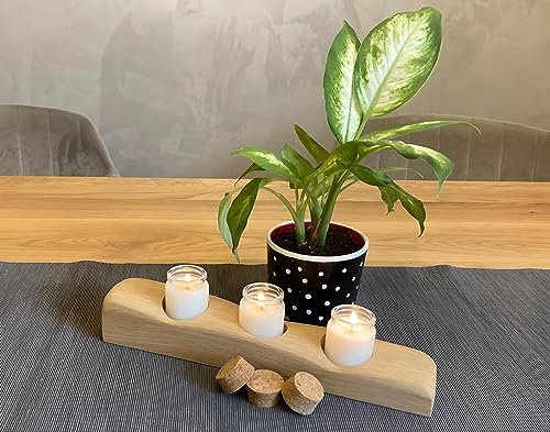 Teelichthalter Holz massiver Eiche mit 3er beduftet Teelichte aus Glas, Kerzen Geschenk für Sie, Deko Geschenke für Freundin - Kerzenhalter aus Holz Geschenke für Mama, Deko Wohnzimmer (Dunkles)