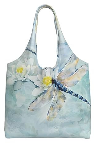 Canvas Tote Bag Reusable Foldable Shopping Bag Travel Handbag Libelle Lotus Print Shoulder Tote Bags, Schwarz , Einheitsgröße