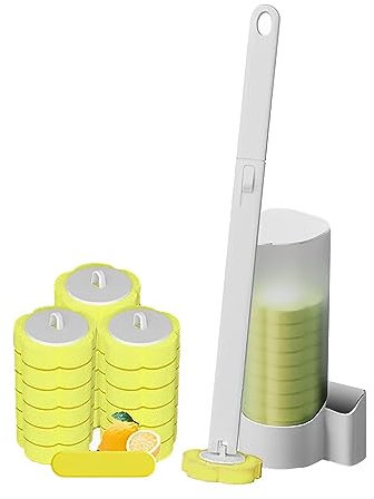 Erdbeerblase Toilettenbürste zum Einmalgebrauch, Einweg Toilettenbürste Set, Einweg Toilettenbürste mit Halter, Einweg Klobürste mit Abnehmbar Halter, 18 Schwamm Bürstenkopf Nachfüllkopf (B- Zitrone)