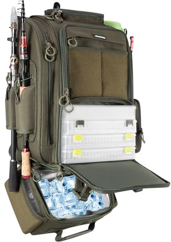 BLISSWILL Großer Angelrucksack mit Kühler für 3 Angelboxen, Angeltasche mit Rutenhaltern, Angelausrüstung und Ausrüstung für Angeln, Camping, Wandern