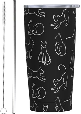 Perinsto Vaso de viaje de 20 onzas con tapa y pajita, diseño de siluetas de gatos, de acero inoxidable, taza de café aislada, regalo para hombres y mujeres